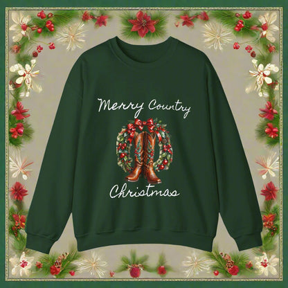 Country Christmas Sweatshirt, Festive Spirit Holiday Sweater, Boots & Wreath Design, Christmas Green, Unisex Jumper