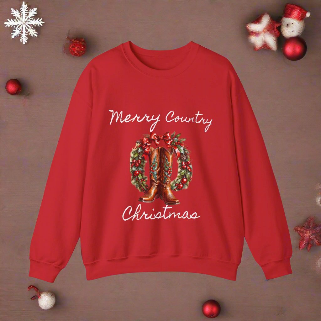 Country Christmas Sweatshirt, Festive Spirit Holiday Sweater, Boots & Wreath Design, Christmas Green, Unisex Jumper