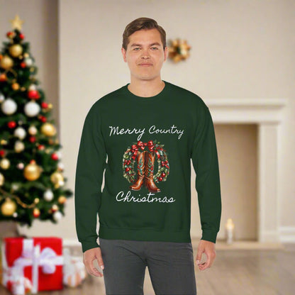 Country Christmas Sweatshirt, Festive Spirit Holiday Sweater, Boots & Wreath Design, Christmas Green, Unisex Jumper