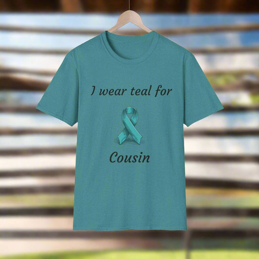 Teal shirt with ribbon design . Personalized name