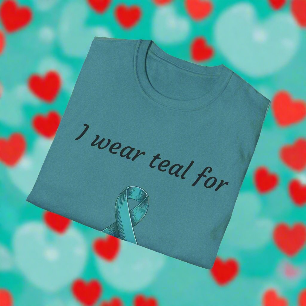 Teal shirt with ribbon design . Personalized name