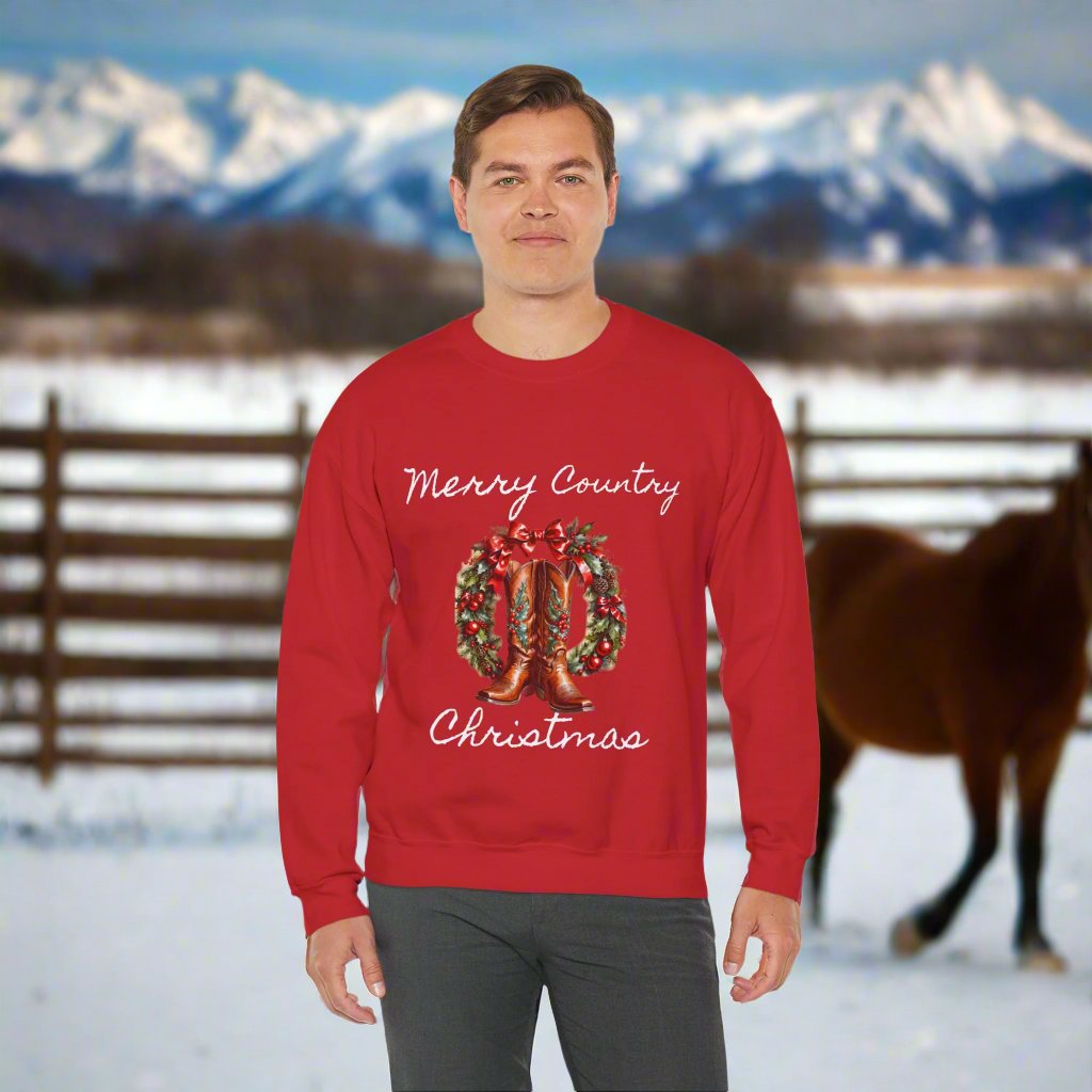 Country Christmas Sweatshirt, Festive Spirit Holiday Sweater, Boots & Wreath Design, Christmas Green, Unisex Jumper