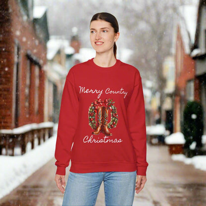 Country Christmas Sweatshirt, Festive Spirit Holiday Sweater, Boots & Wreath Design, Christmas Green, Unisex Jumper